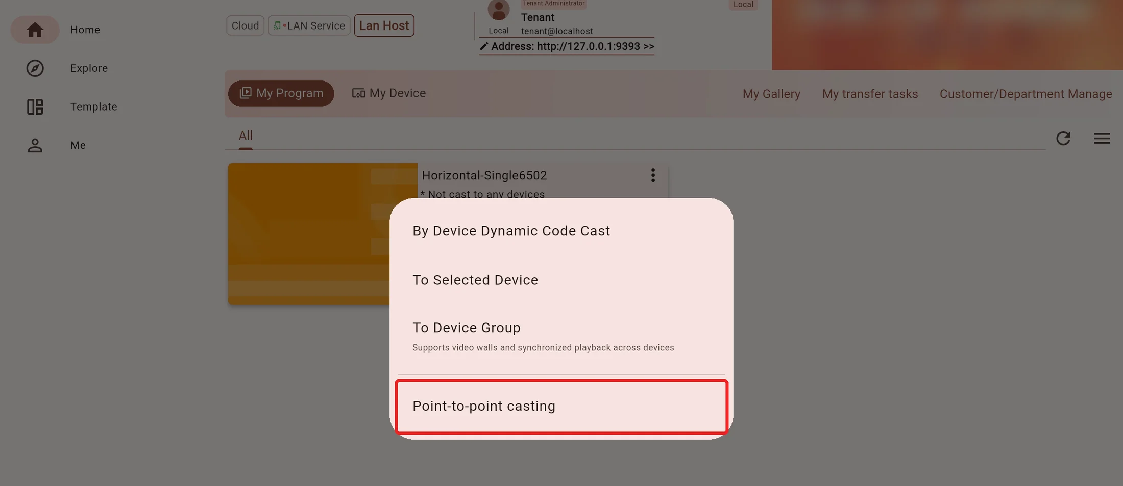 Local program casting menu with Point-to-point casting outlined in red