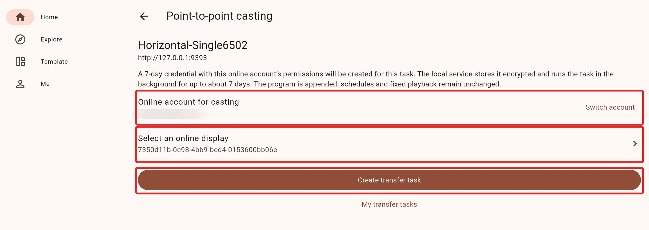 Choose the online account and receiving display