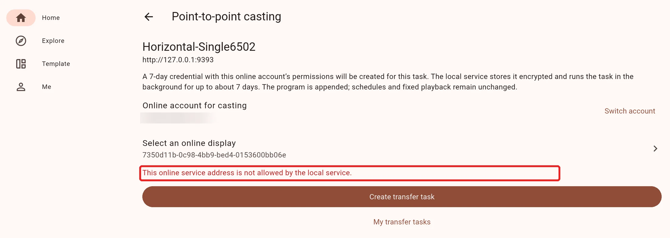 Task creation rejected because the online service address is not allowed